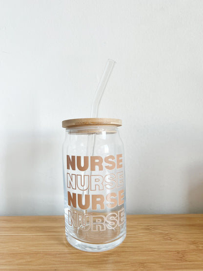 Nurse Glass Cup with Lid & Straw